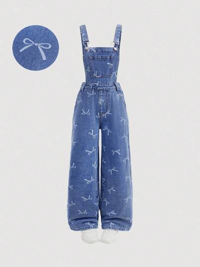 Girlism 少女时尚休闲 Y2K 复古酷炫街头返校学院风蝴蝶结图案设计蓝色牛仔背带裤，适合少女日常穿着，柔软舒适，也适合少女秋冬季参加锐舞派对、节日活动、街头服饰和校园服装。