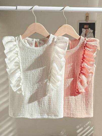 SHEIN 2pcs Young Girls' Fashionable Versatile White & Pink 2-Color Hollow Out Jacquard Camisole, Suitable For Casual Daily Wear And Vacation, Summer Girls Ruffle Tops Junior Ruffled Girls Tops