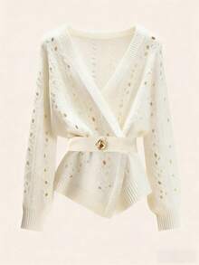 GlowEve Women's V-Neck Criss-Cross Hollow Out Jacquard Irregular Hem Long Sleeve White Belted Cardigan Sweater, Elegant Office Wear, Spring/Autumn - White - View 1