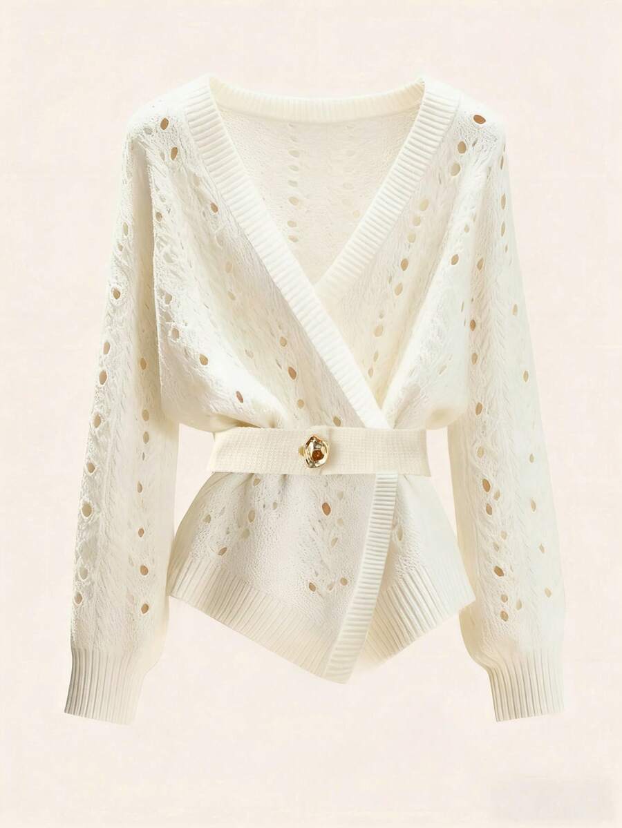 GlowEve Women's V-Neck Criss-Cross Hollow Out Jacquard Irregular Hem Long Sleeve White Belted Cardigan Sweater, Elegant Office Wear, Spring/Autumn - White - View 1