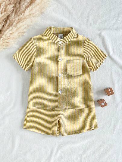 Vintaside Kids Set de 2 piezas de camisa de manga corta y pantalones de tela texturizada blanca para bebé niño, adecuado para que los bebés niños usen en todas las ocasiones de verano, la tela texturizada agrega sofisticación, todo a juego, casual y versátil