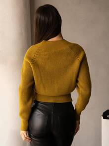 Andrea Bello Women's Solid Color Minimalist Urban Chic Special Shoulder Design Knitted Cardigan, Suitable For Autumn, Winter, Going Out, Elegant, Leisure, Formal, Party, Fashionable, New Year, Christmas, Work, Graduation, Wedding - Yellow - View 2