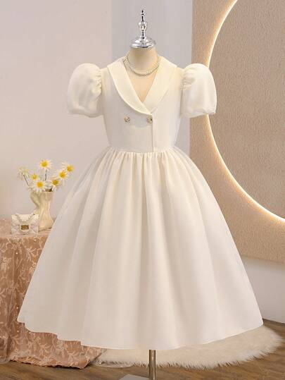 Tween Girl Elegant Chic Puff Sleeve V-Neck Waffle Texture Fitted Waist Flare Dress