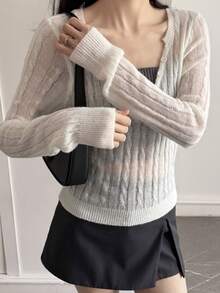 DAZY 女士纯色休闲长袖舒适半透明短款毛衣 - 白色 - 查看 5