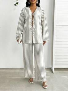 SHEIN Lady 2pcs Women Striped Print Long Sleeve Top And Pants Set - Khaki - View 6