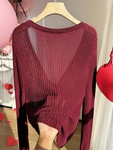 Comfortcana Áo khoác cardigan dệt kim gân màu trơn tối giản cỡ lớn, buộc dây phía trước - Màu Đỏ Sâu - Xem 2