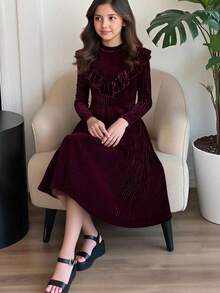 SHEIN Serisse Kids 女童条纹天鹅绒 A 字裙，优雅长袖蛋糕裙，适合生日派对、度假，非常适合秋冬季休闲日常穿着和上学日常穿着，适合圣诞节、母女搭配 - 酒紅色 - 查看 2