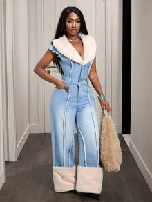 Slaydiva Women's Furry Shawl Collar Button Design Fringe Denim Jumpsuit - Blue - View 4