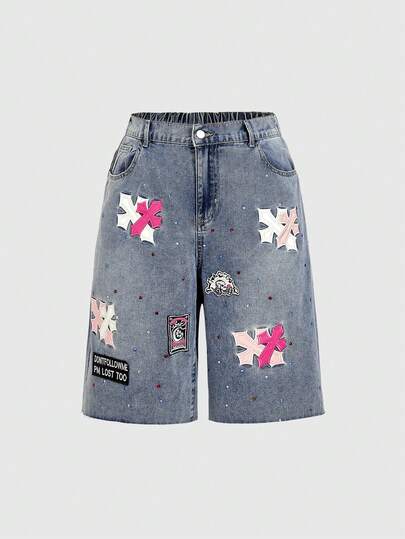 ROMWE Grunge Punk 大码女式十字绣口袋宽松百慕大牛仔短裤