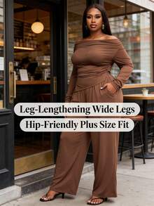 Slaydiva Plus Size Solid Color Casual Minimalist Off-Shoulder Long Sleeve Top And Pants 2-Piece Set - Coffee Brown - View 11