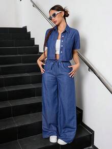 SHEIN Teen Girl Summer Casual Cropped Top And Wide Leg Denim Pants Set - Medium Wash - View 4