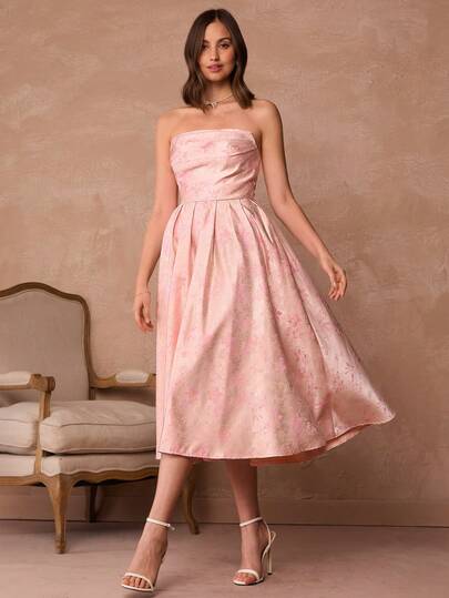 Enchnt High-End Evening Gown Collection: Elegant Ladies' Satin Jacquard Pleated Strapless Dress, Formal Gown, Pink Dress, Wedding Guest Dress,Spring/Summer