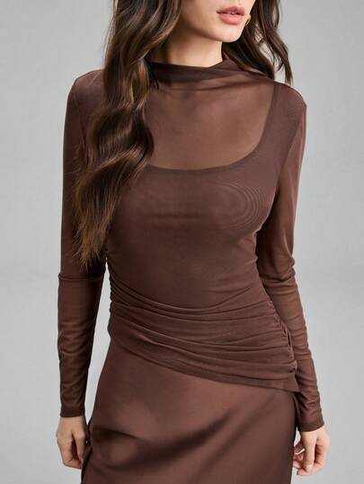 Ontre Women's Brown Satin Satin Fabric Comfortable Smooth Off-Shoulder Loose Batwing Sleeve Design Waist Fitted Long Sleeve Urban Commute Office Business Casual Blouse, Formal Basic Top For Party, Dating, Summer