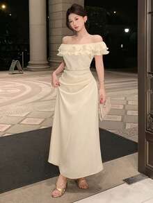 DAZY Women's Elegant Off Shoulder Ruched Patchwork Ruffle Hem Dress, Summer - Beige - View 3