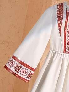 Trang phục truyền thống Ả Rập cho bé gái tuổi teen, váy tay loe in họa tiết hình học cổ điển kiểu Trung Đông, váy dài Ả Rập, áo Abaya tay dài cho bé gái Hồi giáo. - Màu be - Xem 12