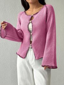 Flirla Women's Contrast Trim Raglan Sleeve Flared Cuff Casual Knit Cardigan - Hot Pink - View 6