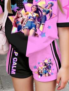 SHEIN 2件套少女休闲撞色卡通人物印花短袖上衣和短裤套装，适合夏季穿着