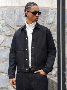 Manfinity EMRG Áo khoác denim ngắn, dáng ôm, rộng, màu xanh đậm, phong cách thường ngày, dành cho người trưởng thành, thích hợp cho mùa thu/đông. - Màu xanh lam - Xem 7