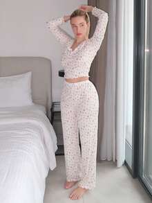 Turnttoni 两件套女士碎花长袖上衣和裤子睡衣套装 - 彩色 - 查看 6