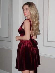 Turnttoni 女士复古天鹅绒红色圣诞连衣裙 - 酒紅色 - 查看 4