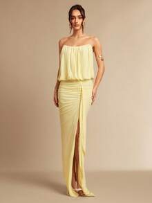 Silquee Elegant Pale Yellow Summer Vacation Dress,Strapless Pleated Side-Slit Loose-Fitting Mesh Gown,Sophisticated Abaya For Women Wedding Social Events - Yellow - View 3