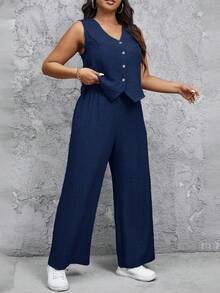 SHEIN Frenchy 大码背心式休闲两件套女装夏季裤装海军蓝无袖裤套装无袖上衣和裤子 - 藏蓝色 - 查看 4