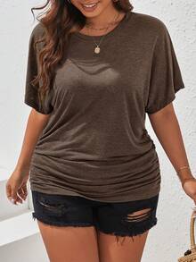 SHEIN Frenchy Plus Size Solid Color Round Neck Short Sleeve Ruched Loose Casual T-Shirt, Summer - Chocolate Brown - View 3