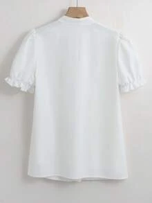 Franclia Women's White Collar Pearl Decor Splice Lace Puff Sleeve Casual Blouse, Suitable For Daily Commute, Outing, Afternoon Tea, Date, Vacation White Blouse Elegant Lace White Top White Elegant Top Ruffle Blouse Lace Shirts