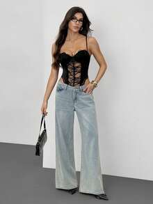 SHEIN Tall 女士夏季音乐节俱乐部性感Y2K音乐节蕾丝黑色修身连体衣