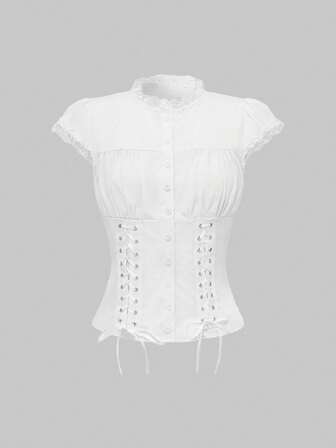 Academia Vielseitiges Pendler-Hemd für Damen mit einfarbigem, regelmäßigem Schulterdesign, Knopfleiste, Schleifen-Ösen und taillierter Passform