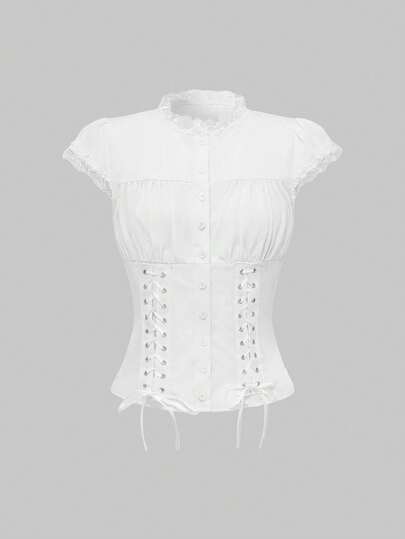 ROMWE Academia Versatile Commuter Solid Color Regular-Shoulder Button-Up Tie Bow Eyelet Fitted Women Shirt