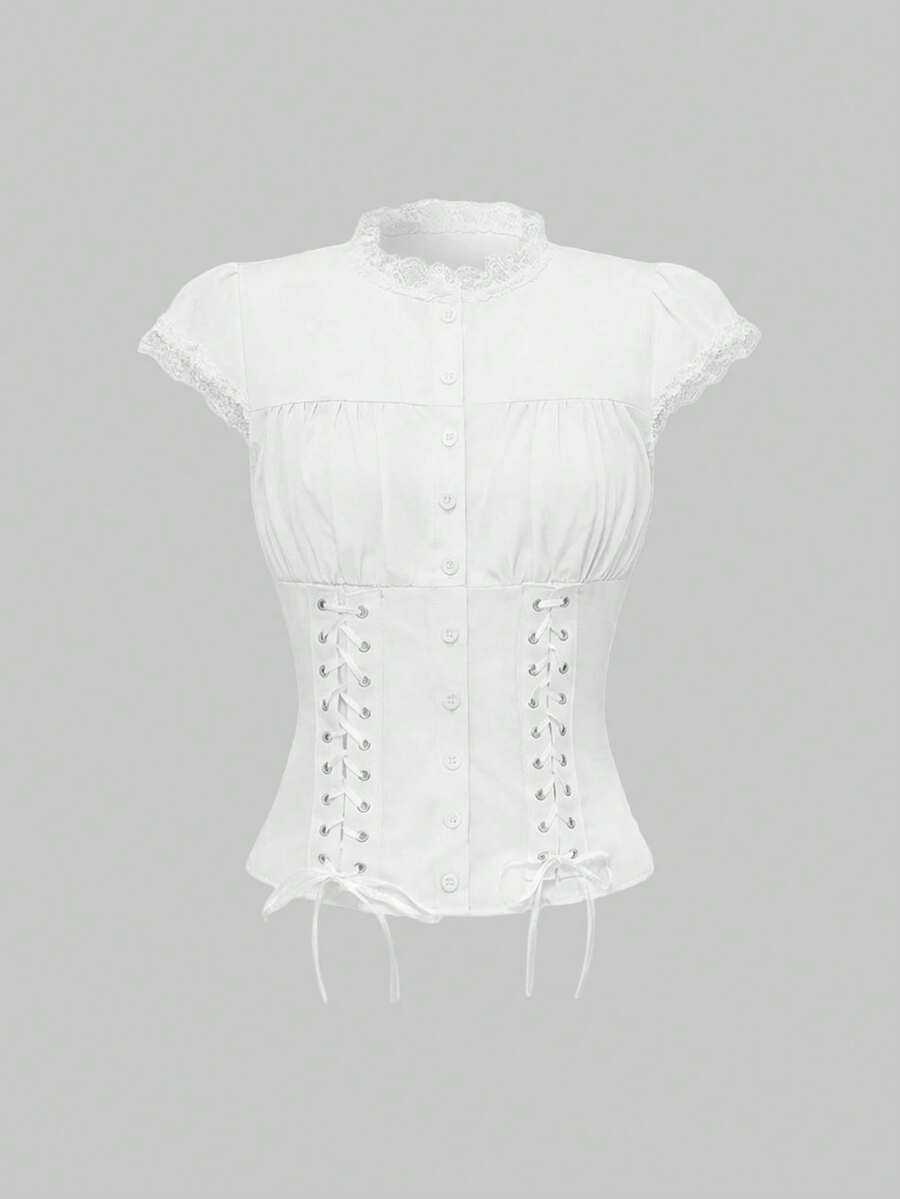 ROMWE Academia Versatile Commuter Solid Color Regular-Shoulder Button-Up Tie Bow Eyelet Fitted Women Shirt