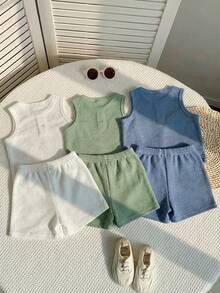 SHEIN 6pcs/Set Baby Boy Cute Casual Knit Vest & Shorts Set, Basic Multi-Pack, Summer
