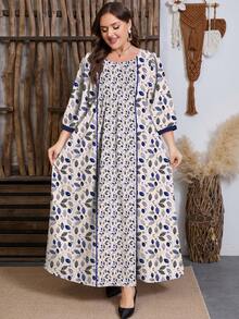 Lacomfia 大码女式树叶花卉数码复古印花时尚圆领褶裥长袖连衣裙，春季款 - 彩色 - 查看 1