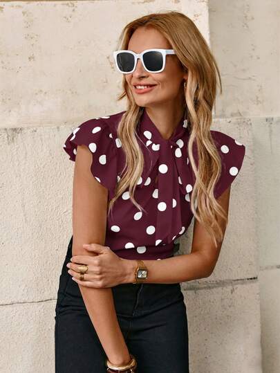 Solivie Black & White Polka Dot Bow Tie Collar Cap Sleeve Fitted Women Shirt Summer Outfits For Women Country Outfits Women Summer Outfits For Women