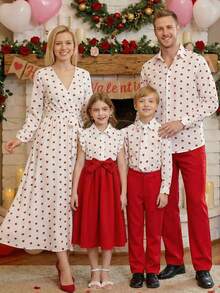 SHEIN Spring & Summer Single Tween Girl Sleeveless Elegant Heart-Print Shirt-Collar Waist- DressSweet And Cute Style Tween Girl Apparel, A-Line Midi Dress With Red And White Contrast Heart PatternsSuitable For Cross-Border E-Commerce Hot-Selling Cute Daily School Outfits / Family Outings / Light Sweet Children's Birthday Party Mini Dresses (European & American Kids' Fashion Parties / Cute Style)Daily Wear Dress - Multicolor - View 1