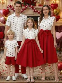 SHEIN Spring & Summer Single Tween Girl Sleeveless Elegant Heart-Print Shirt-Collar Waist- DressSweet And Cute Style Tween Girl Apparel, A-Line Midi Dress With Red And White Contrast Heart PatternsSuitable For Cross-Border E-Commerce Hot-Selling Cute Daily School Outfits / Family Outings / Light Sweet Children's Birthday Party Mini Dresses (European & American Kids' Fashion Parties / Cute Style)Daily Wear Dress - Multicolor - View 3