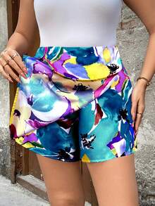 优雅通勤度假风休闲女装畅销花卉面料弹力腰隐形设计大码短裤，春夏秋季款 - 彩色 - 查看 1