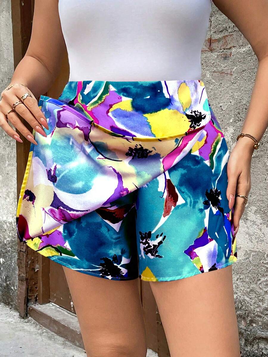 优雅通勤度假风休闲女装畅销花卉面料弹力腰隐形设计大码短裤，春夏秋季款 - 彩色 - 查看 1