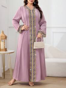 Al Najma 大码女士优雅刺绣腰身连衣裙 - 粉色 - 查看 6