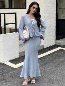 Mulvari 2件套优雅蝴蝶结前开襟通勤套装，女士 - 藍色 - 查看 3