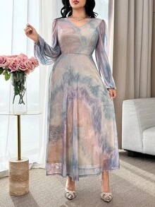 Feyla Women's V-Neck Long Sleeve Waist Cinched Elegant Dress - Multicolor - View 5