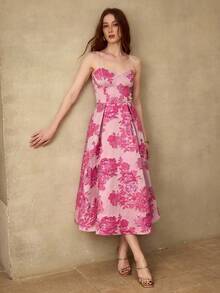 MOTF PREMIUM WOMEN'S JACQUARD WEAVE MIDI A-LINE SLIP DRESS, SUITABLE FOR OCCASIONS, DATES, SPRING/SUMMER - Hot Pink - View 7