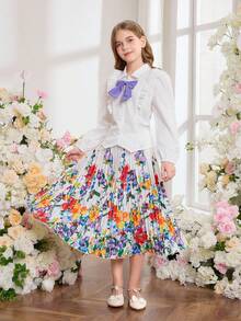 Tween Girl Bow Ruffle Trim Long Sleeve Blouse And Floral Print Pleated Skirt Set - White - View 3
