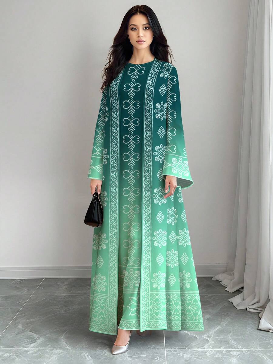 SHEIN Najma 女士几何图案绿色渐变印花长袖休闲阿拉伯风格套装,春秋季 - 彩色 - 查看 1