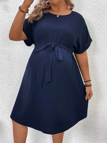 Plussiva Gaun Kasual Lengan Pendek Leher Bulat Warna Polos untuk Wanita Hamil Ukuran Besar, Musim Panas - Navy Blue - View 5