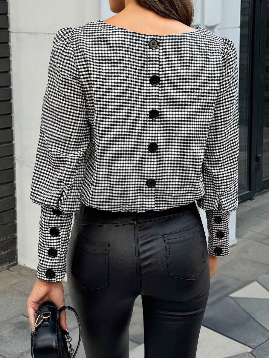Easura 秋冬女装秋季格纹泡泡袖优雅衬衫，后背单排扣纽扣衬衫 - 黑與白 - 查看 1