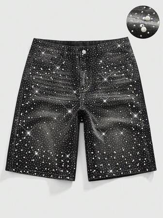 Street Life Shorts vaqueros holgados para hombre con adornos de perlas y diamantes