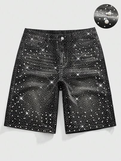 Street Life Shorts vaqueros holgados para hombre con adornos de perlas y diamantes