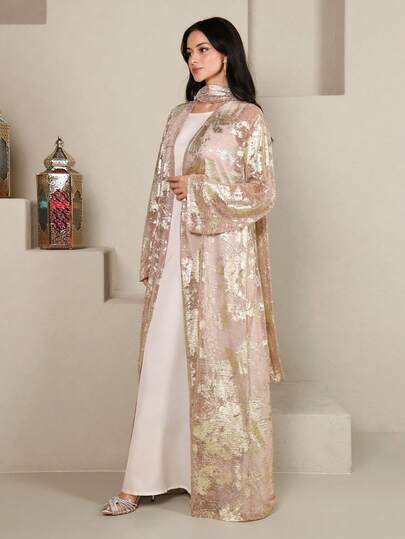 Al Najma New Pleated Fabric High-End Luxurious Metallic Foil Elegant Party & Resort Cardigan Coat